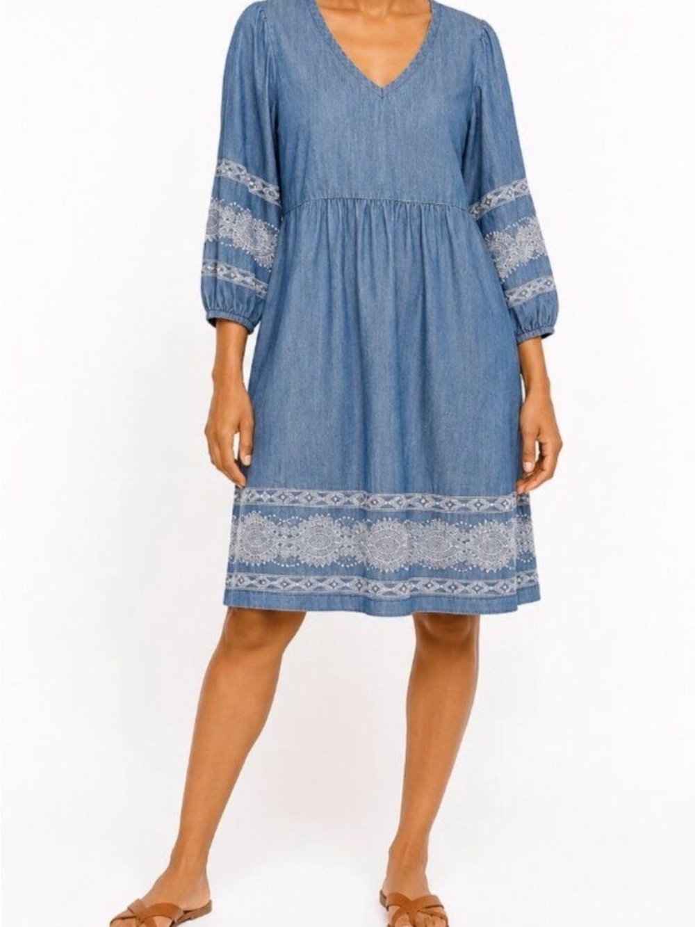 J Jill Denim Lace Trim Dress XL Blue Womens Boho 3/4 Sleeve Pullover Cotton
